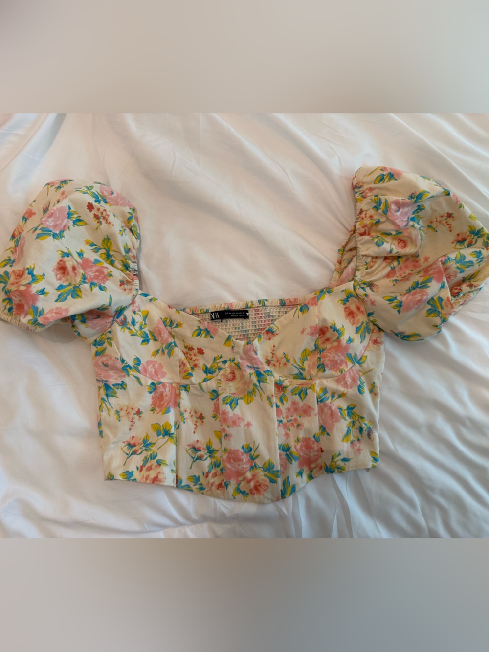 Zara Cream Floral Puff Sleeve Top - Pink & Blue Flowers